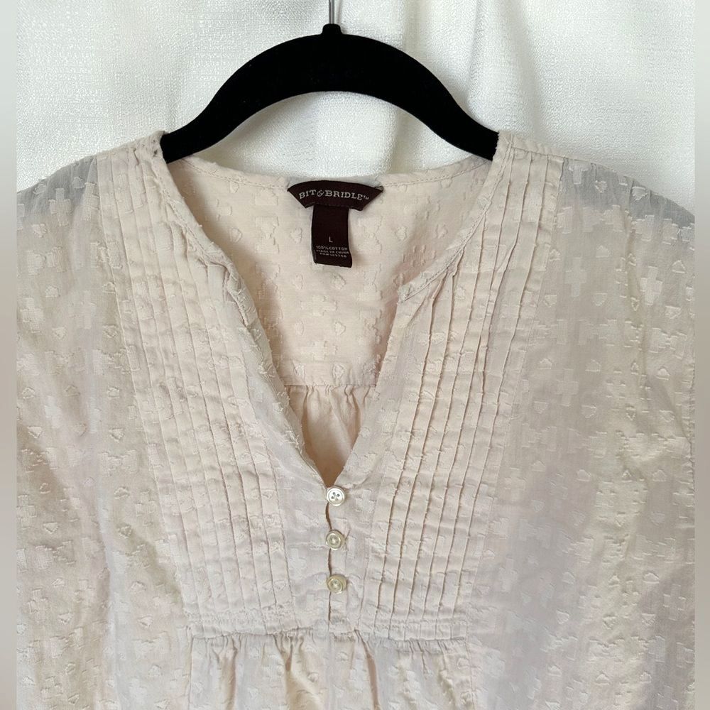 Bit & Bridle Ivory Long Sleeve Cotton Blouse, Flowy Textured Bohemian Top